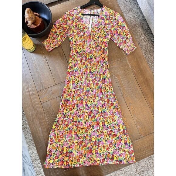 RIXO Target Floral Puff Sleeve Dress V- Neck-Bias Cut Bodycon Size 0 - Picture 1 of 12